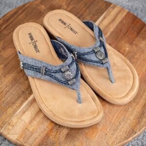 Minnetonka Silverthorne Flip Flop Sandals SZ 8 Denim Blue Aztec Tribal Western